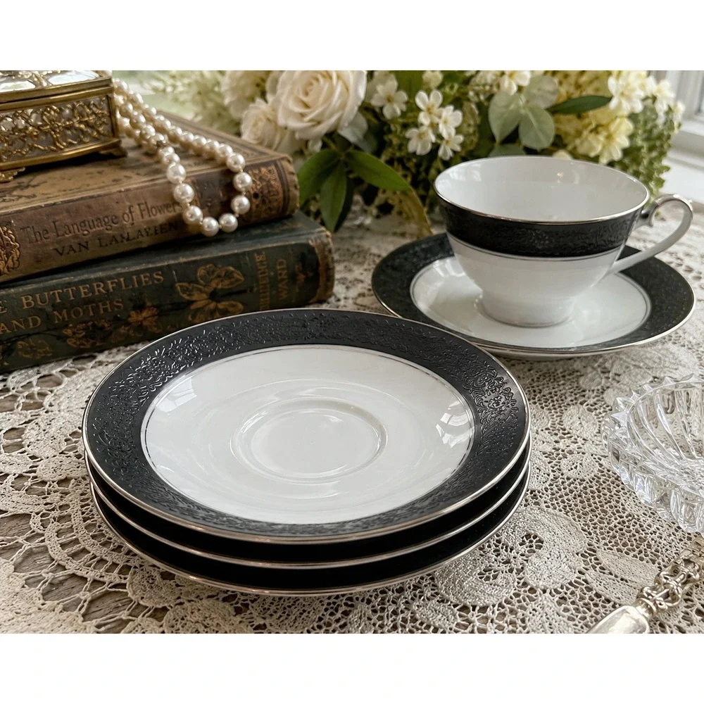 Noritake Mirano 6878 Saucer Set Black Floral Japan Vintage 6
